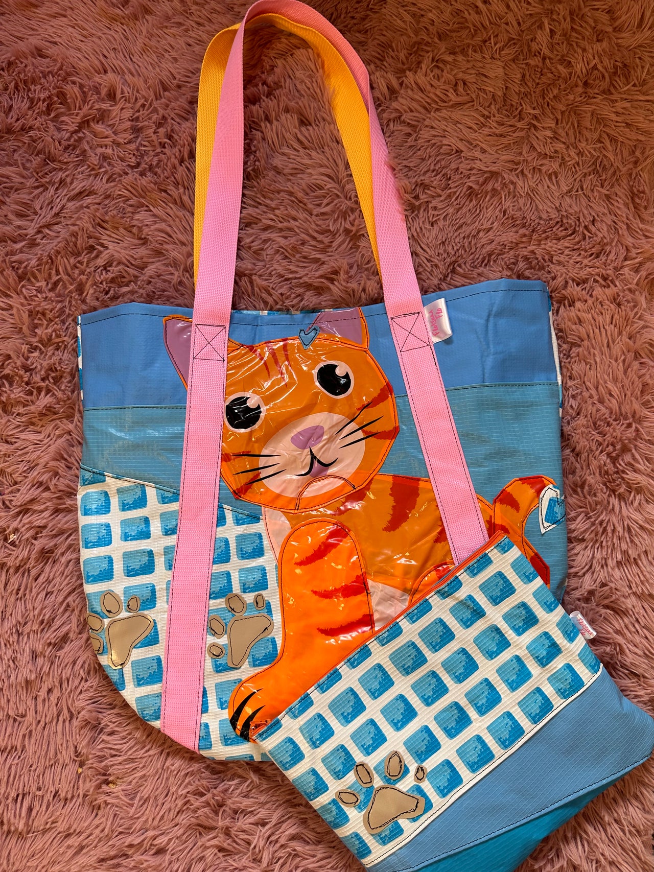 BUNDLE SET - BAG AND POUCH - I used to be a Broken Cat Inflatable, off cuts of canopies and a Paddling Pool - Cat Shoulder Bag with Paw Prints
