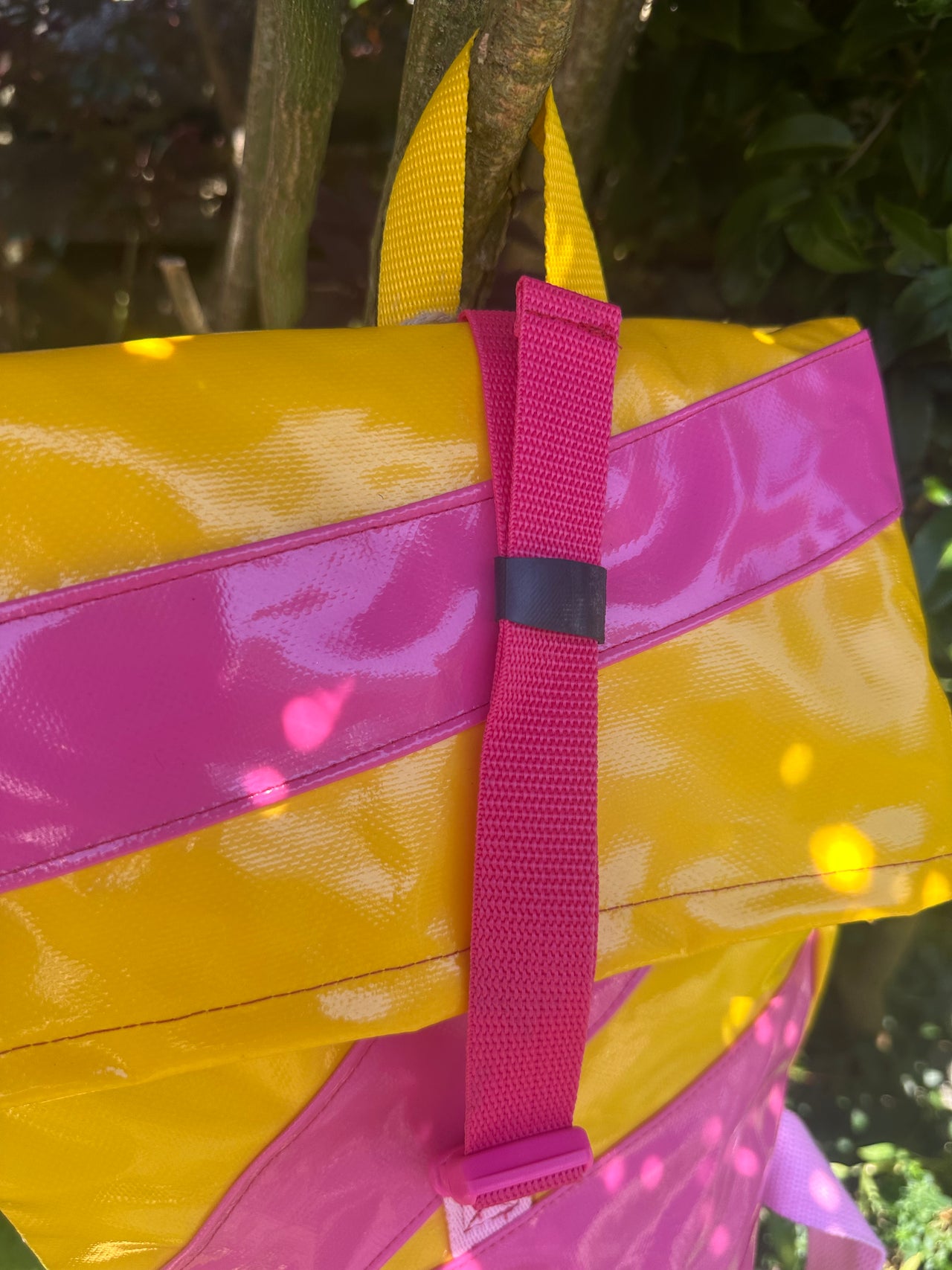I used to be Offcuts of Inflatable - Handmade Pink and Yellow Adult's Smaller Backpack