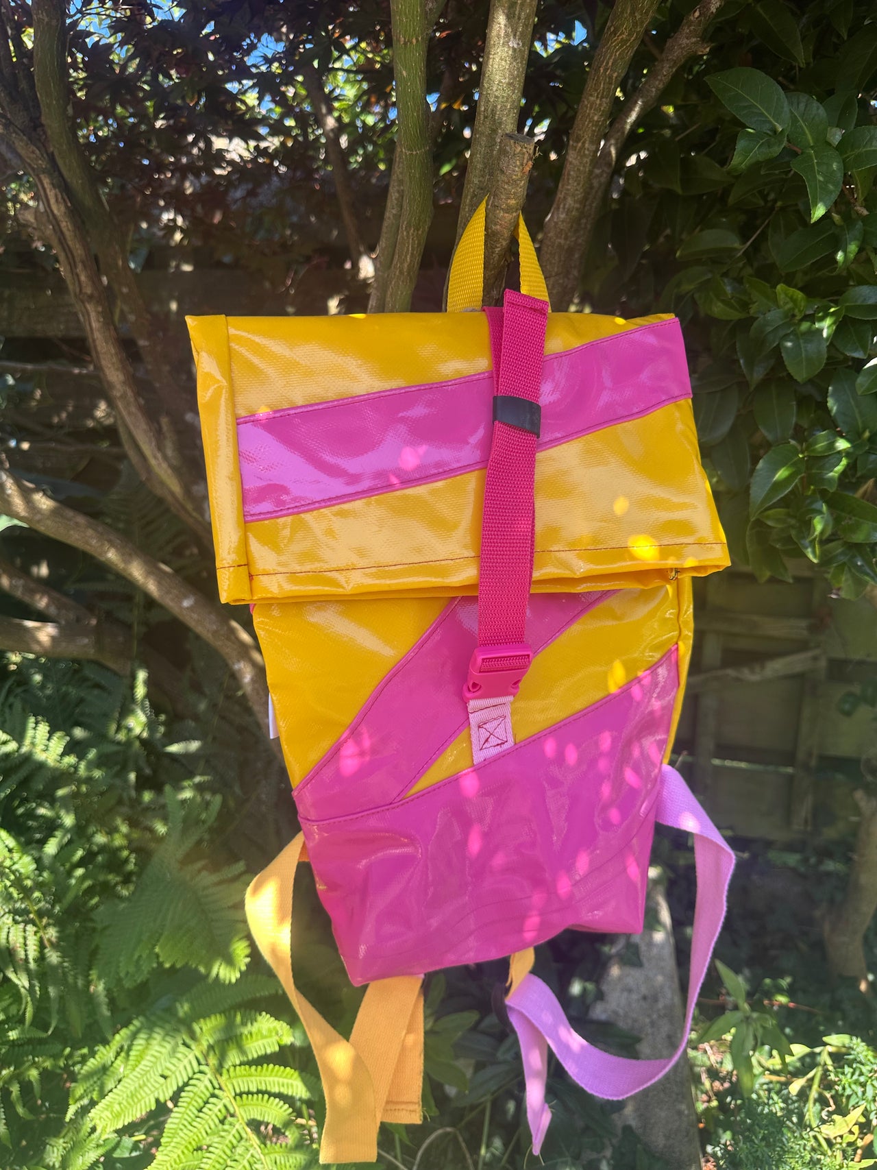 I used to be Offcuts of Inflatable - Handmade Pink and Yellow Adult's Smaller Backpack