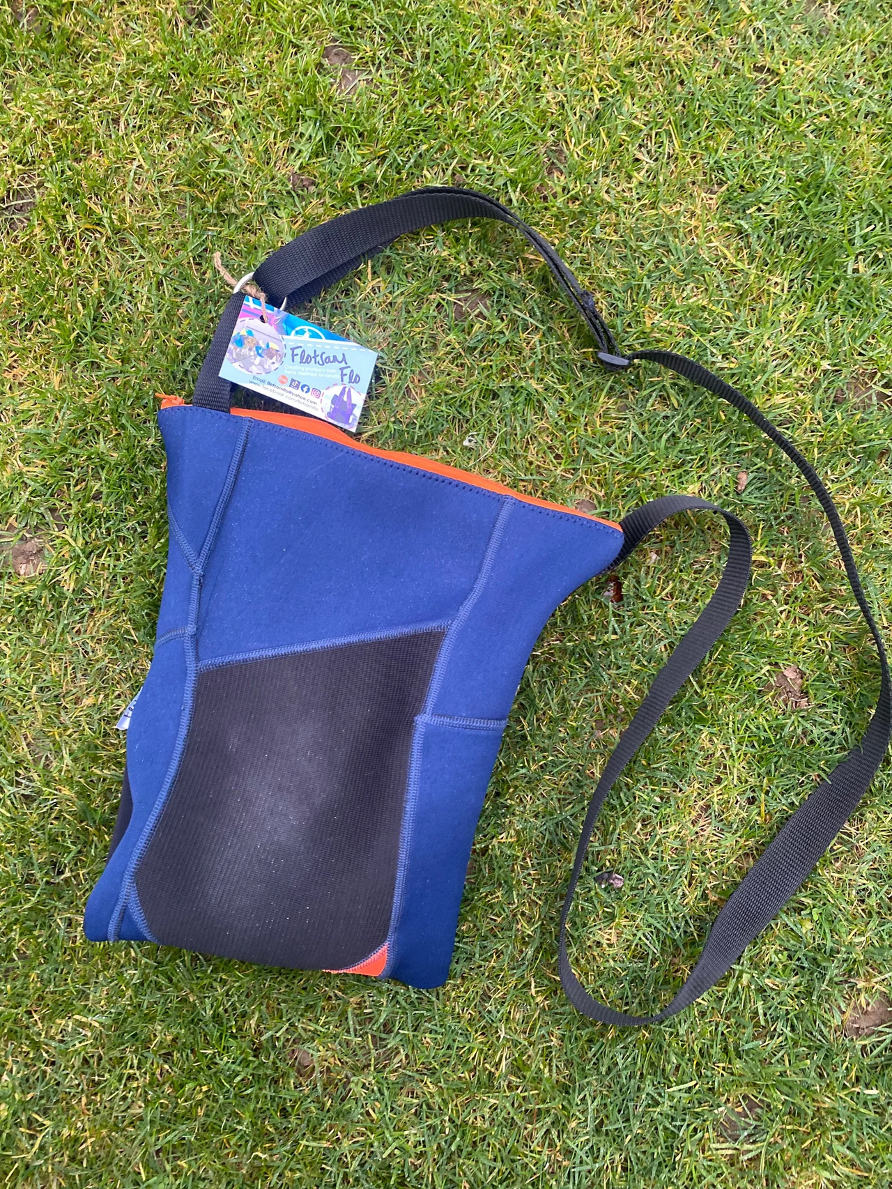 I’m slightly Wonky - I used to be a wetsuit - Blue and black recycled cross body bag - Handmade and upcycled
